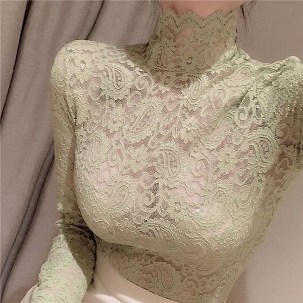 

girls hollow out lace blouses shirts tees female turtleneck full sleeve back zipper elastic elegant blouses for women, White