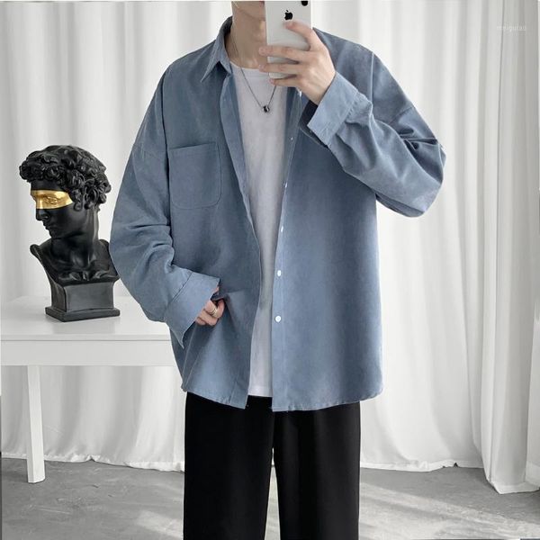 

korean simple cotton men shirt blue loose casual long sleeve button shirts camisas de hombre retro party men clothes mm60ncs1, White;black