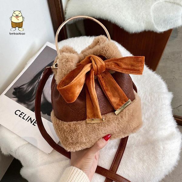 

beibaobao 2021 new fashion shoulder crossbody bag lady tote purse fashion pu plush patchwork bucket bag bow women handbags