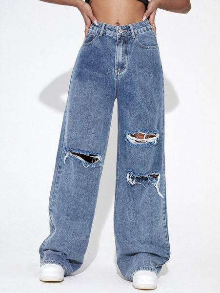 

zipper fly ripped detail wide leg jeans n0en#, Blue