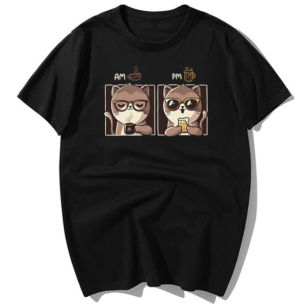 

funny design cat with glasses coffee am tea pm print summer casual short sleeve harajuku streetwea hooded sweatshirt hoodie men t shirt
