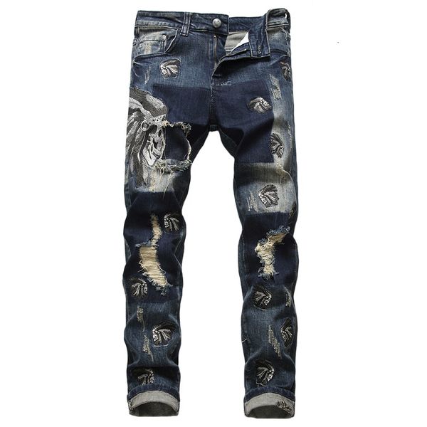 

2021 new high street fashion retro blue slim fit elastic ripped indian skull embroidery hip hop jeans men biker pants tkr1