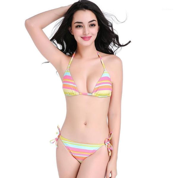 

women bikini set push-up striped print rainbow and short swim trunks female lacing straps beach vocation bathing suit biquin1