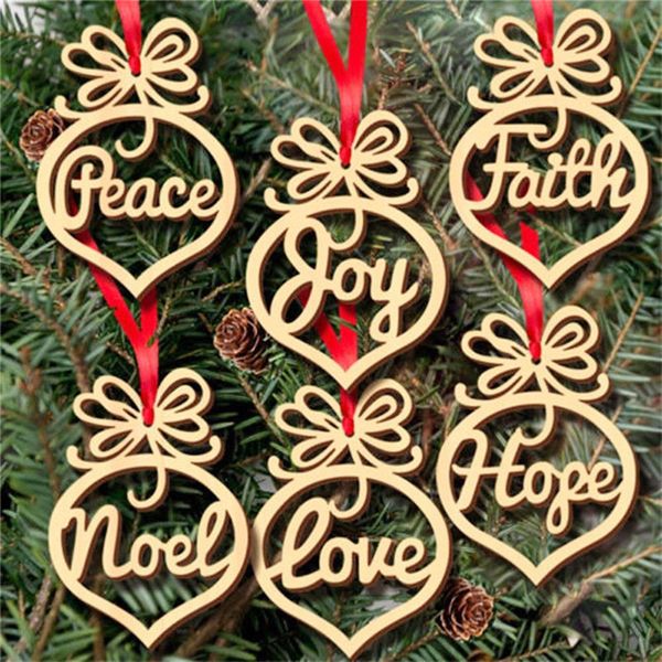 

christmas letter wood heart bubble pattern ornament christmas tree decorations home festival ornaments hanging gift, 6 pcs per bag