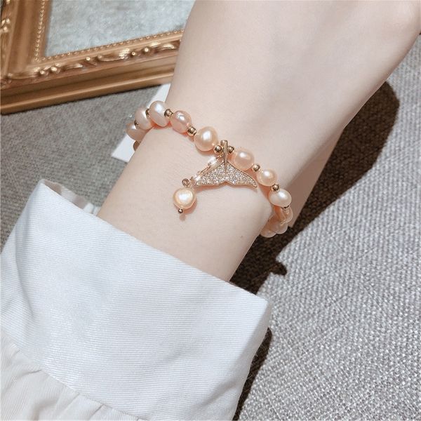 

jkpx9 korean version of freshwater pearl pearlmicro inlaid zircon fish tail beads beaded korean version of freshwater pearl beads summer bra, Golden;silver