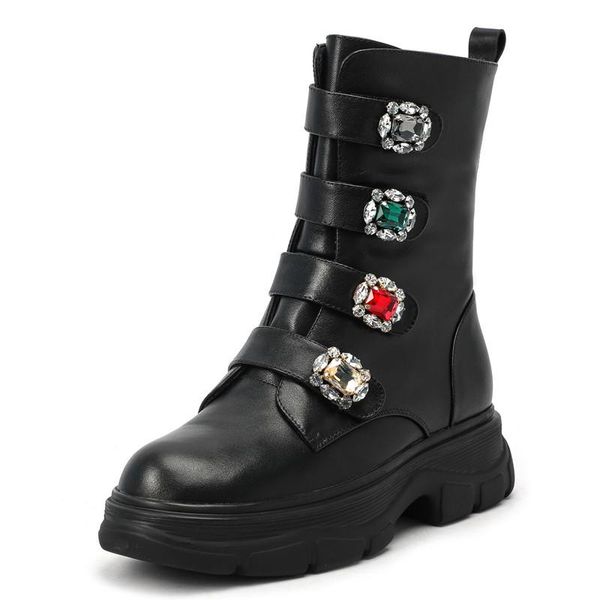 

мода мотоциклов сапоги mid-теленок сапоги для женщин осень зима обувь женщина новый горный хрусталь платформы из натуральной кожи martin, Black