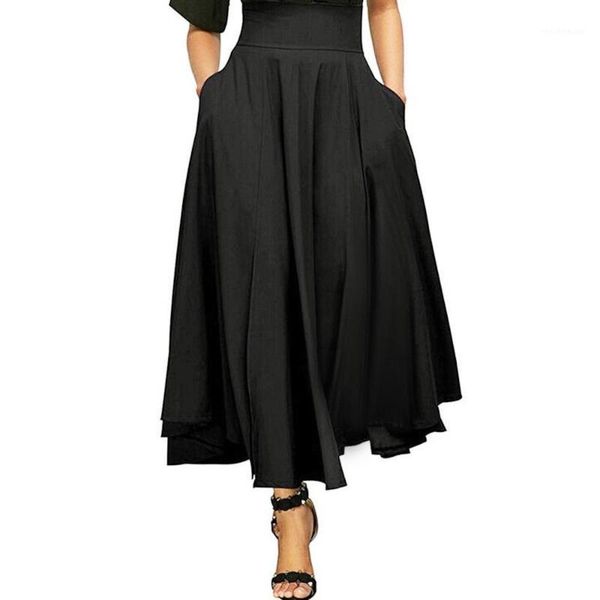 

women cotton long skirts elastic waist pleated maxi skirts beach boho vintage summer faldas saia faldas mujer1, Black