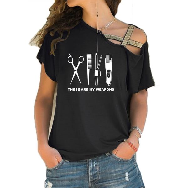 Barber T-shirt Frauen Kurzarm Friseur Waffe T-shirt Mädchen Frau schere Kleidung Unregelmäßige Skew Kreuz Verband Tops T200614