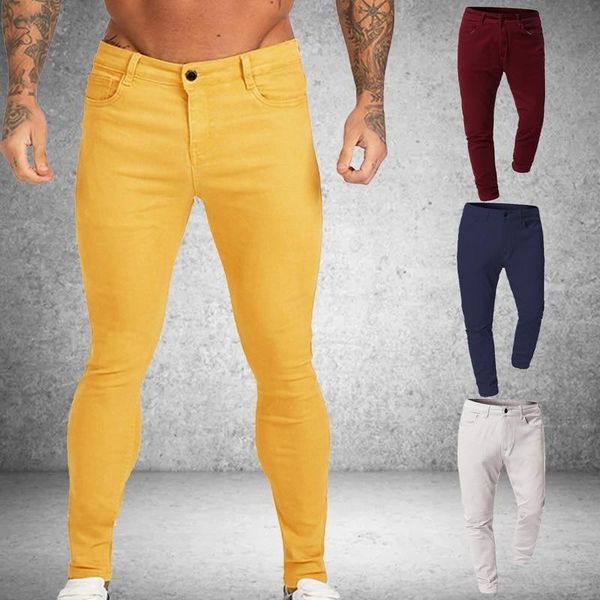 

2020 men's stretch skinny solid jeans 4 color casual slim fit denim trouser men yellow red gray pants male slim trousers, Blue