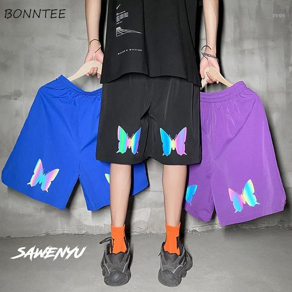 

men casual shorts butterfly-printed summer lace-up korean style chic breathable steetwear trendy student solid harajuku ulzzang1, White;black