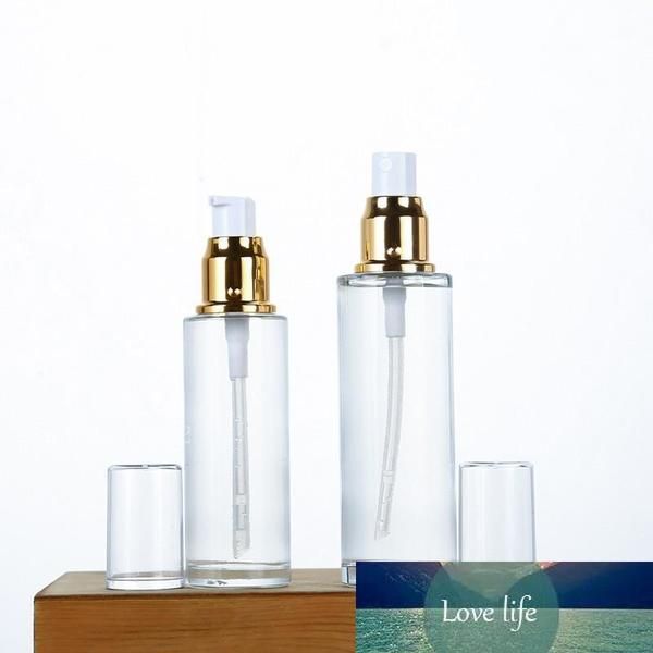 Bottiglia di vetro trasparente Bottiglia per pompa per lozione d'oro 50ML 60ML 80ML Contenitore per imballaggio cosmetico Bottiglie spray per vetro con coperchio dorato 100 pezzi