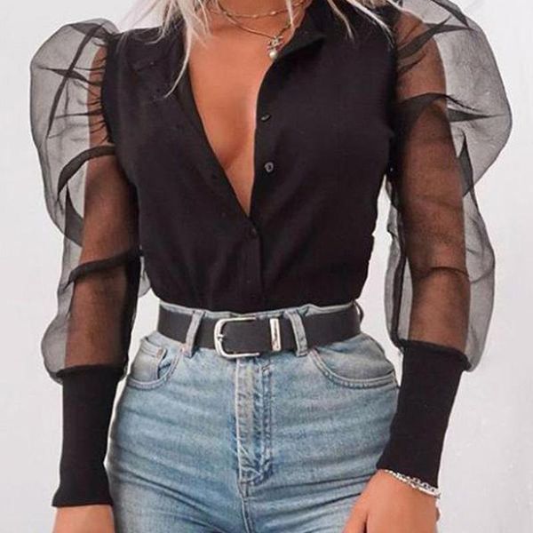 

fashion new 2019 women's v-neck blouses tulle ruffle long puff sleeve shirt solid lady shirts all-matching autumn women 1, White