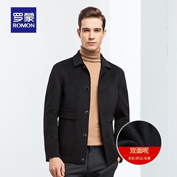 

romon winter men's short woolen coat casual lapel wool double-sided woolen coat 9d016639, Black
