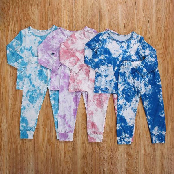 

2021 1-6y kids girl clothes autumn new round neck long sleeve dye printed fall trousers jogger pants tie-dye printing kids 2pcs, White