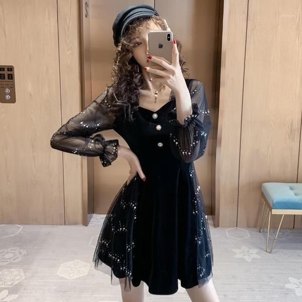 

make new winter white gauze sequins splicing pleuche dress1, Black;gray