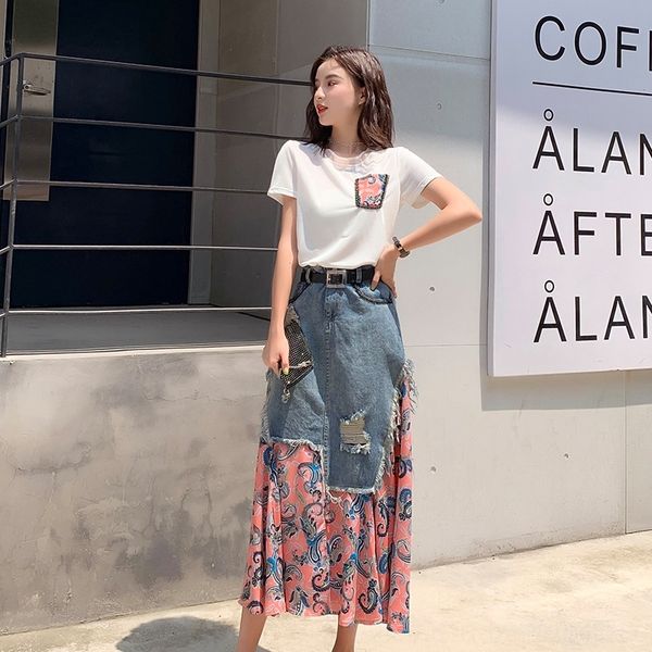 

gaboh 2019 summer denim splicing beach belt mnelr skirt beach skirtchiffon skirt chiffon skirtset knitted, Gray