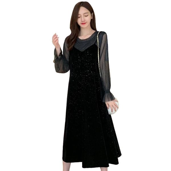 

women loose gold velvet round neck dress, Black;pink