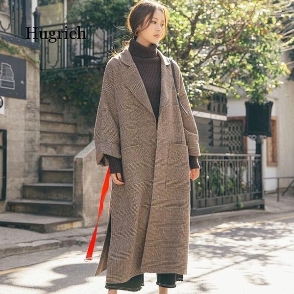 

women vintage turn down collar loose plaid simple korean woolen harajuku open stitch windproof casual pockets outerwear1, Black