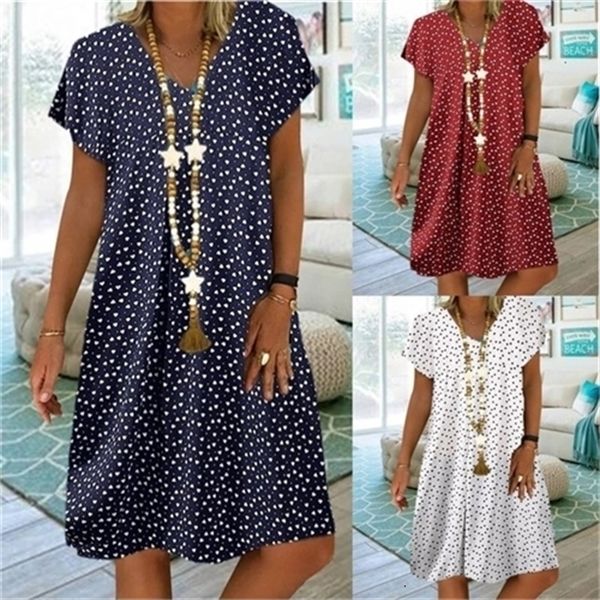 

new summer 2020 women's casual short sleeve v-neck dot heart print dress, White