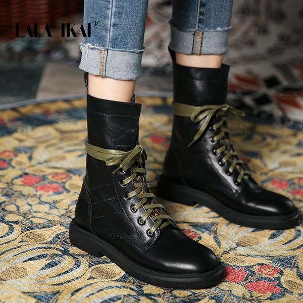 

lala ikai women mid ankle boots stitching lace-up soft pu thick heel riding boots autumn winter female fashion 2020 a30774-4, Black