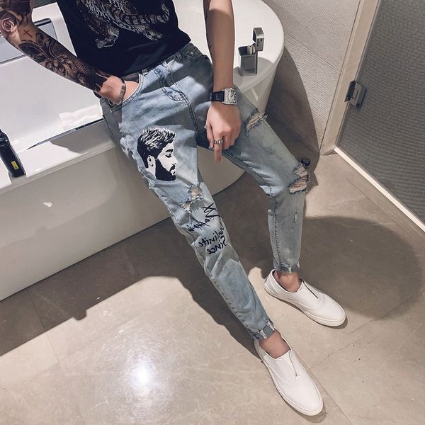 

trendy men's and pants and jeans nine point jeans men's korean fashion social people's self-cultivation small foot spirit lit, Blue