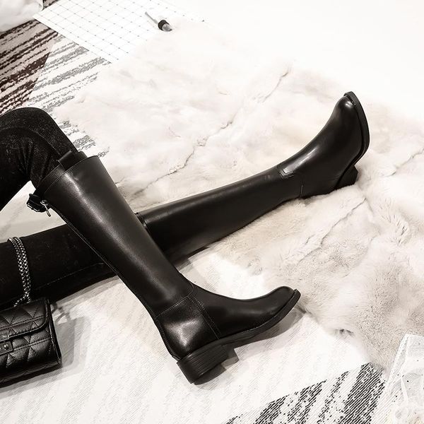 

bjyl women's boots 2020 new autumn winter plus velvet mid-heel high boots british style motorcycle female large size 33-43, Black