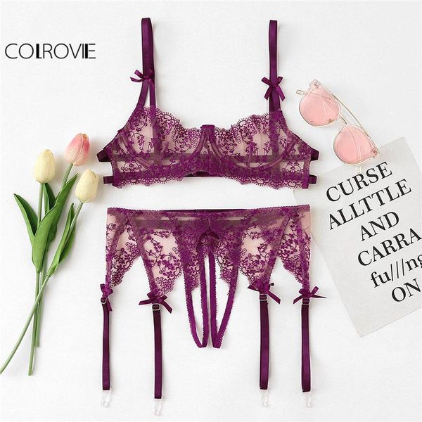 

colrovie lace bra & open crotch thong & garter set 2018 new fashion spring floral underwear purple lingerie sets1, Red;black