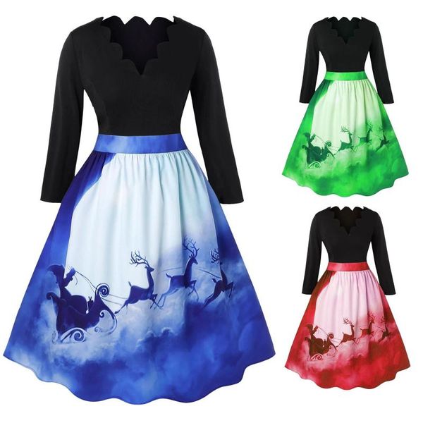 

casual dresses women christmas print vintage princess dress pleated v-neck long sleeve 1950s housewife evening party, Black;gray