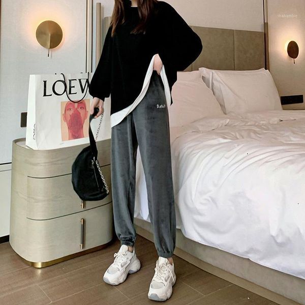 

2021 autumn winter fashion women loose harem pants lady gray high waist casual trouser female thin streth sports velvet pants1, Black;white