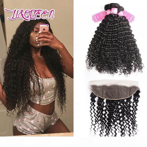 

indian raw virgin human hair unprocessed hair bundles with 13x4 lace frontal 4 pieces lot deep wave bundles with frontal part, Black;brown