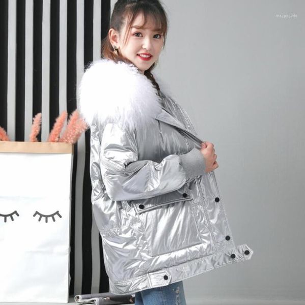 

fur collar 2019 winter silver glossy down jacket women white duck down jacket parkas coat female warm snow outerwear p14591, Black