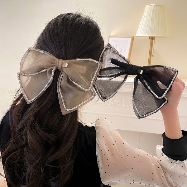 

vintage fabric big bow hairpin for women lace embroidery bowkont diamond-studded mesh barrette fashion jewelry gifts accessories, Slivery;white