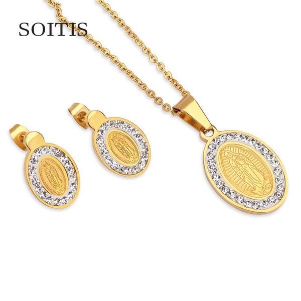 

soitis blessed virgin mary christian women earrings necklace oval shape classic religion gold color chain jewelry sets stainless, Silver