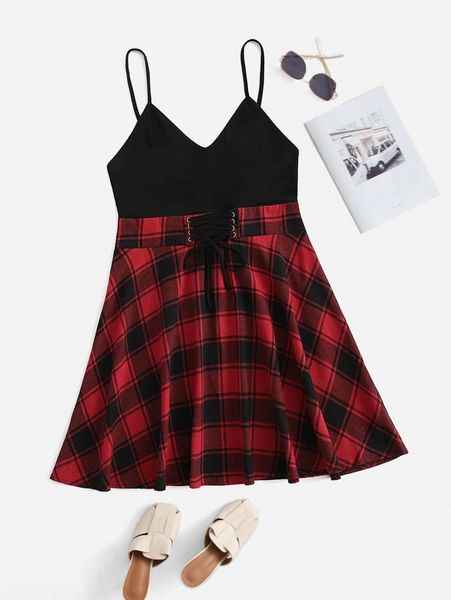 

plus plaid print lace up front cami dress i4ez#, Black