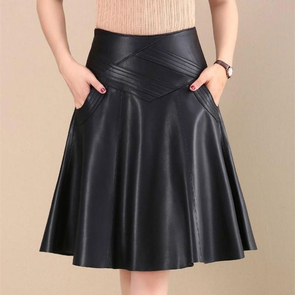 

2020 spring autumn fashion women black high waist faux pu leather skirt solid color short causal ladies office skirts q96