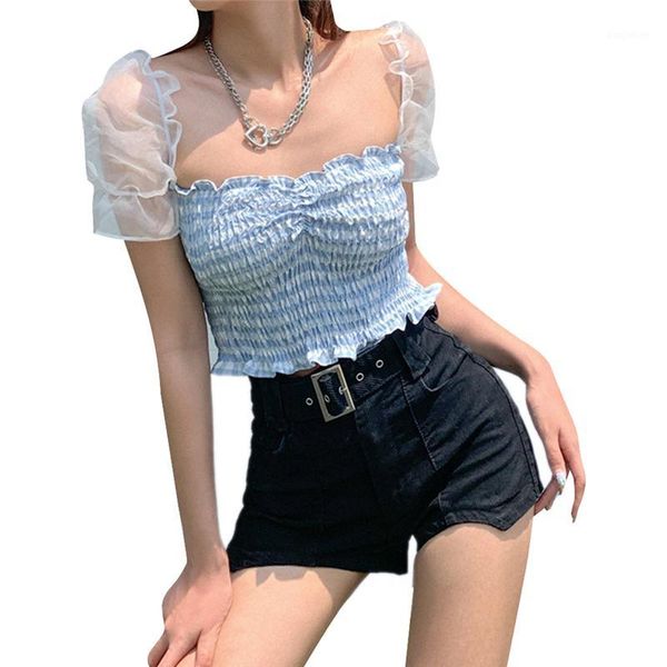 

women's puff short sleeve cute square neck frill smocked crop plaid t-shirt1, White