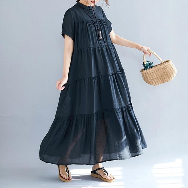 

solid color new stand collar short sleeve button loose casual long thin women dresses 2021 summer causal korean dress, Black;gray