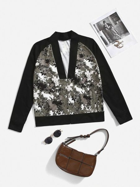 

emery rose graphic print raglan sleeve jacket 63qr#, Black;brown