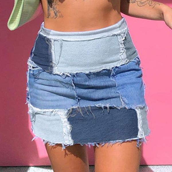 

women patch stitching contrast color denim skirt a-line mini short skirt personalized girl clothing half-length waist #t2g, Black