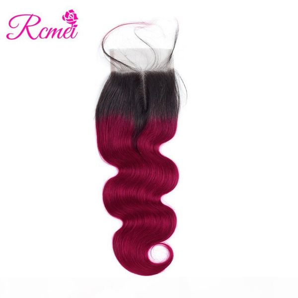 

rcmei ombre burgundy brazilian body wave lace clousre t1b burg middle part 4*4 lace closure 100% brazilian human hair, Black;brown