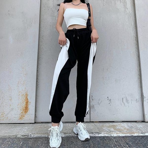 

patchwork joggers sweatpants for women contrast color drawstring high waist casual loose female sports harem pants, Black;white