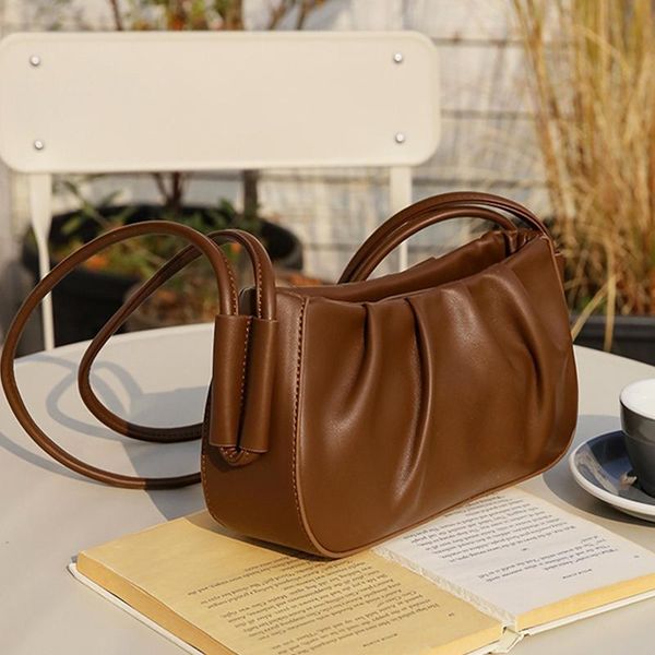 

shoulder bags pleated ladies baguette bag special strap female half moon soft woman handbag retro pu leather purses
