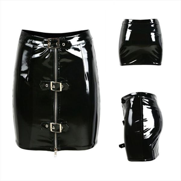 

women button wet look pvc pencil mini skirt vinyl latex zipper shiny bodycon skirt saia jupe femme party club wear leather, Black