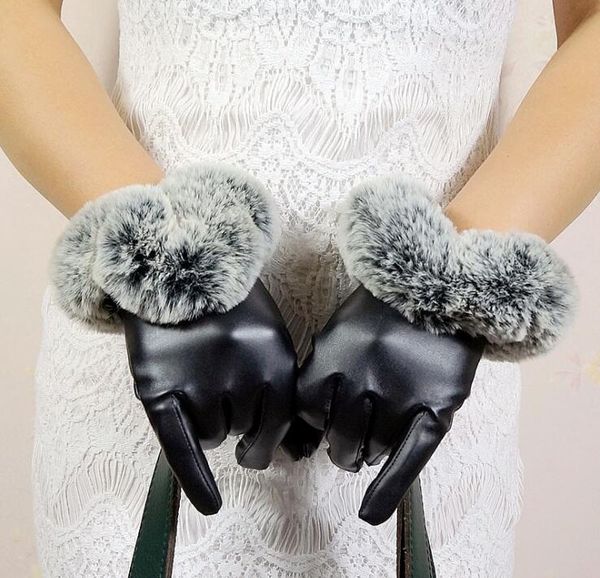 

warm gloves ladies artificial leather artificial rex rabbit fur u-shaped fur mouth autumn and winter pu touch screen gloves gd755, Blue;gray