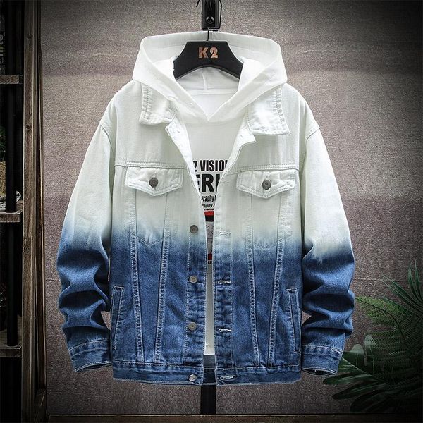 

spring mens denim jacket mens trendy fashion slim bomber gradient color denim jacket male retro cowboy jackets brand clothing, Black;brown