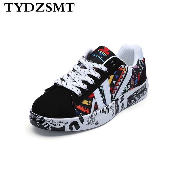 

tydz 2020 summer woman sneakers white casual shoes lovers printing fashion flat ladies vulcanized shoes zapatos de mujer 1020, Black;white