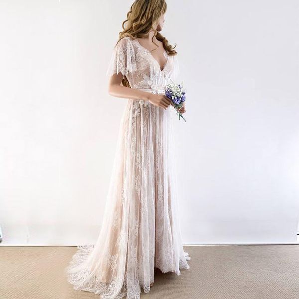 

a-line сельский свадебное платье v образным вырезом с коротким рукавом шампанское подкладка ivory свадебное платье lace аппликаций 3d цветы, White