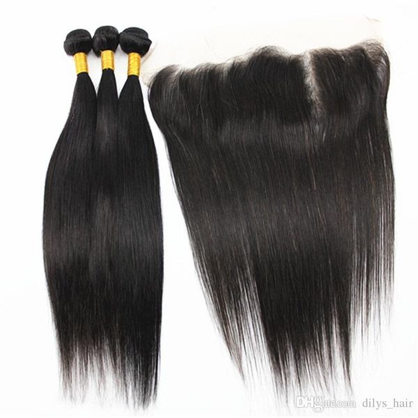 

9a brazilian indian straight hair extensions 50g bundle 100% human hair weaves with 13x4 ear to ear hair closure natural color 8-28inch, Black