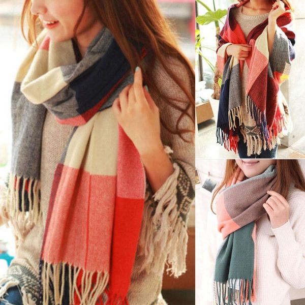 

womens lady winter warm tartan check neck shawl scarf wrap stole plaid, Blue;gray