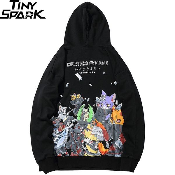 

men hip hop hoodie sweatshirt anime cat japanese cartoon streetwear harajuku hoodies pullover loose autumn black sweat shirts y200704